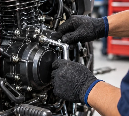 Ilustración de manos trabajando en un motor de motocicleta